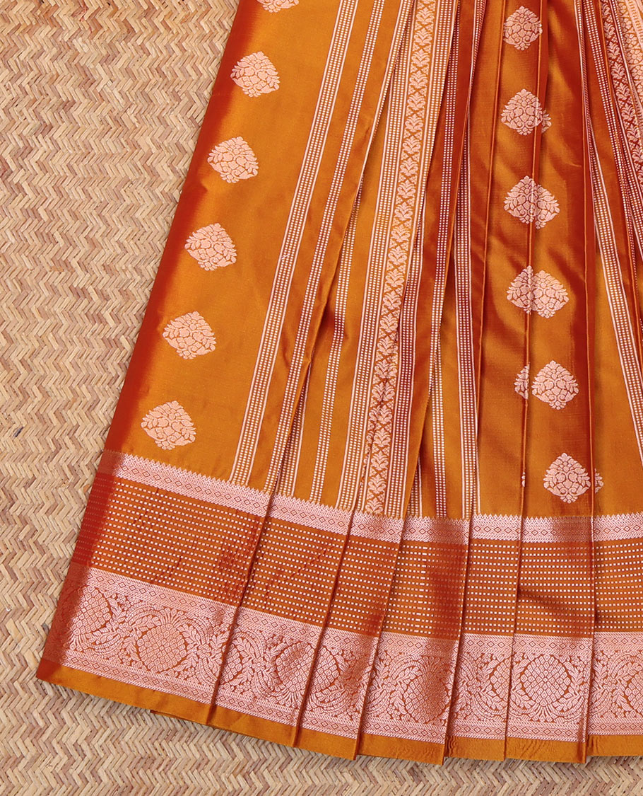 Orange Budget Silk Saree, Boldly Accentuated with Zari Buttas All Over Its Body, Highlighted by a Traditional Zari Design Border, Grand Pallu, and Paired with a Matching Blouse