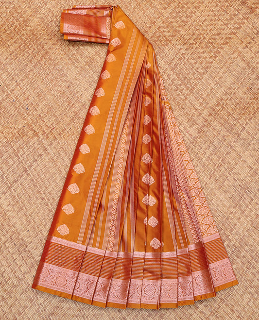 Orange Budget Silk Saree, Boldly Accentuated with Zari Buttas All Over Its Body, Highlighted by a Traditional Zari Design Border, Grand Pallu, and Paired with a Matching Blouse
