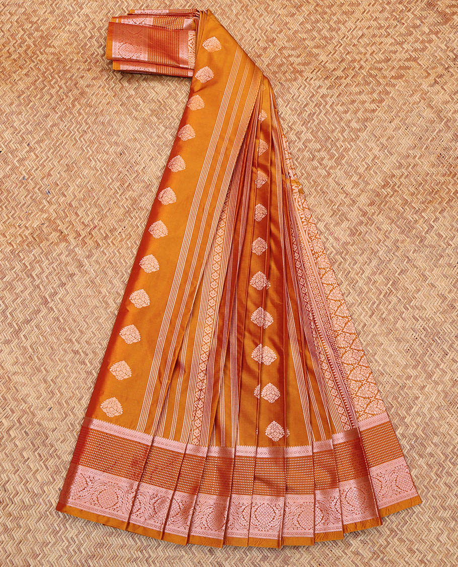 Orange Budget Silk Saree, Boldly Accentuated with Zari Buttas All Over Its Body, Highlighted by a Traditional Zari Design Border, Grand Pallu, and Paired with a Matching Blouse