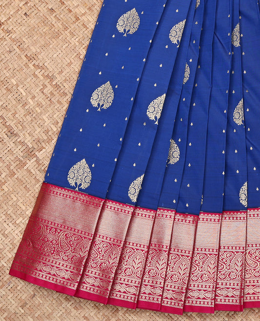 Royal Blue Budget Silk Saree, Detailed with Zari Buttas All Over Its Body, Complemented by a Contrast Traditional Zari Design Border, Intricately Designed Pallu, and Paired with a Contrast Blouse