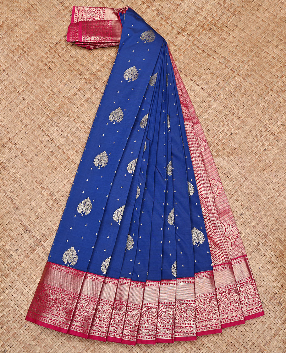 Royal Blue Budget Silk Saree, Detailed with Zari Buttas All Over Its Body, Complemented by a Contrast Traditional Zari Design Border, Intricately Designed Pallu, and Paired with a Contrast Blouse