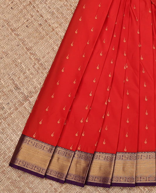 Red Budget Silk Saree, Bedecked with Zari Buttas All Over Its Body, Complemented by a Contrast Traditional Zari Peacock-Chakram Border, Grand Jaal Pallu, and Paired with a Contrast Blouse