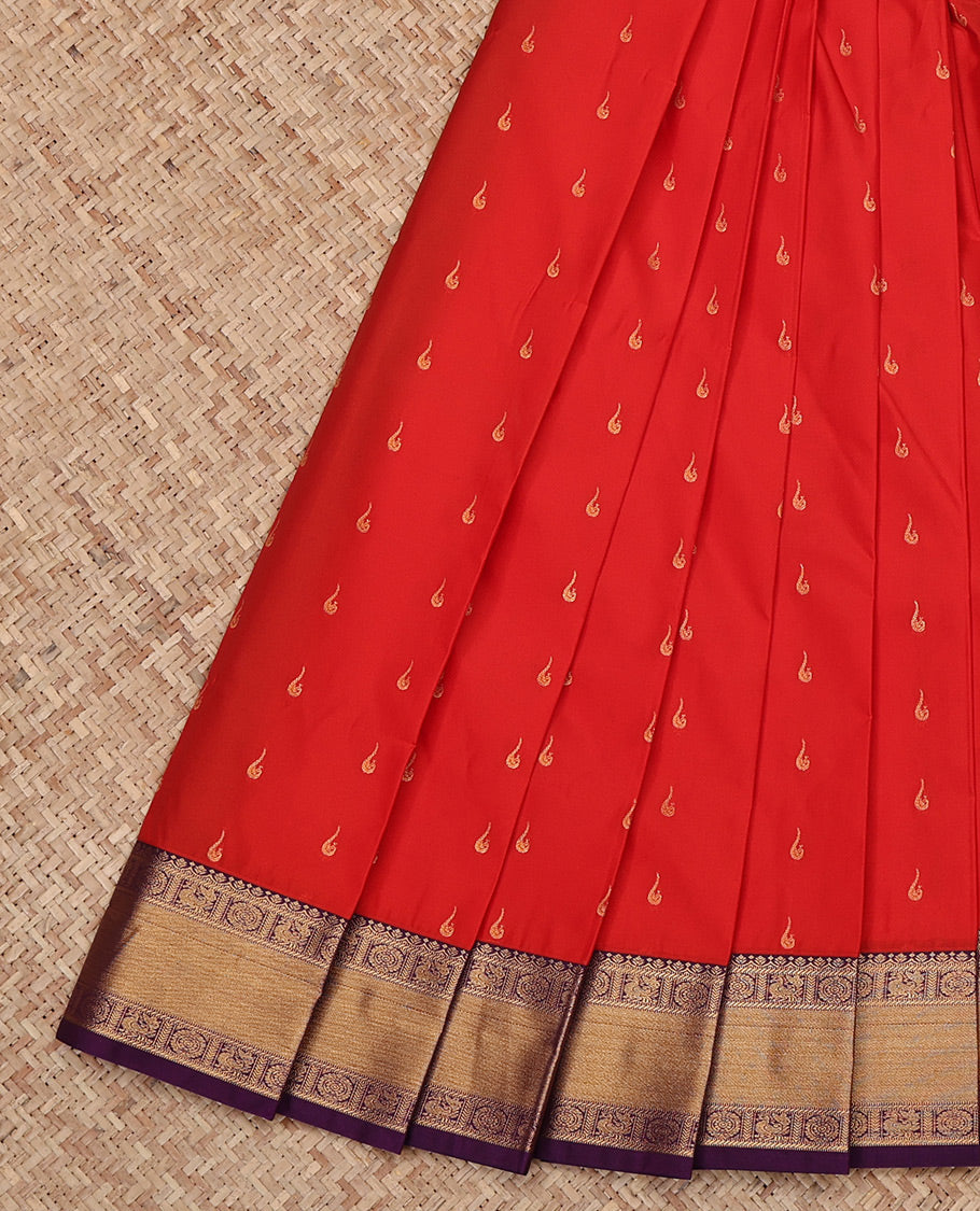 Red Budget Silk Saree, Bedecked with Zari Buttas All Over Its Body, Complemented by a Contrast Traditional Zari Peacock-Chakram Border, Grand Jaal Pallu, and Paired with a Contrast Blouse