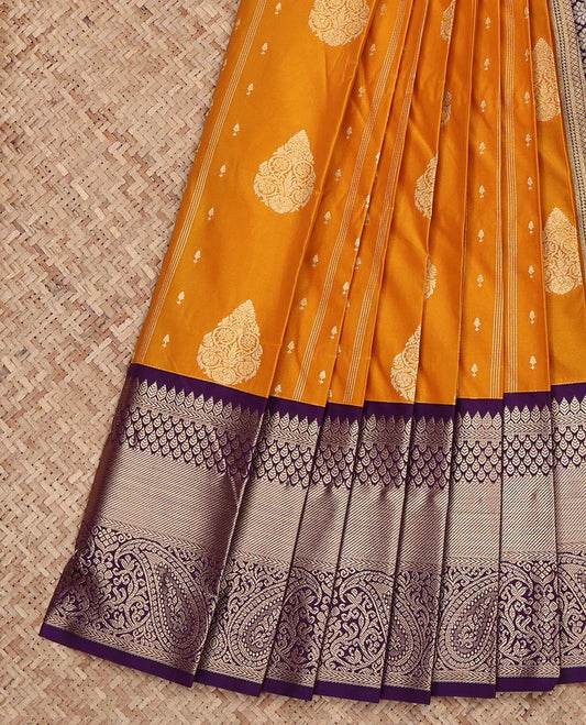 Orange Budget Silk Saree, Detailed with Zari Buttas and Stripes on Its Body, Complemented by a Contrast Traditional Zari Design Border, Grand Jaal Pallu, and Paired with a Contrast Blouse