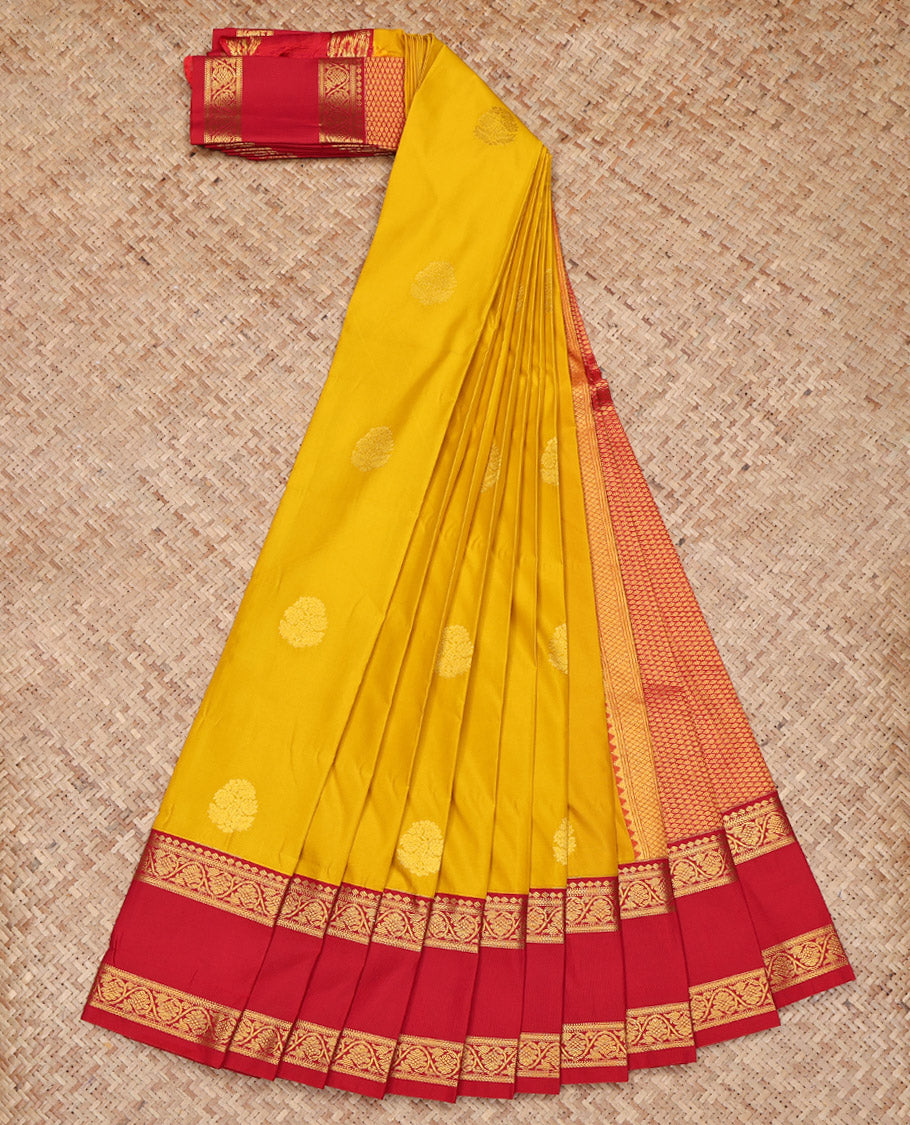 Yellow Budget Silk Saree, Sparsely Sparkled with Zari Buttas All Over Its Body, Complemented by a Contrast Rettai Pettu Floral Creeper Zari Border, Pallu of Jaal Designs, and Paired with a Contrast Blouse