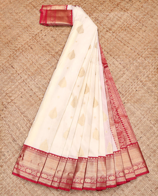Cream Budget Silk Saree, Enthralled with Zari Buttas on Its Body, Complemented by a Contrast Traditional Zari Design Border, Intricately Designed Pallu, and Paired with a Contrast Blouse