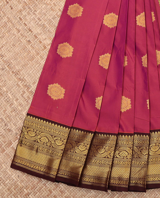 Wine Budget Silk Saree, Adorned with Zari Buttas, Complemented by Contrast Traditional Zari Border, Grand Pallu and a Contrast Blouse