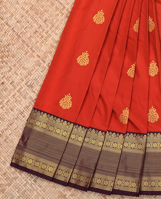 Rust Budget Silk Saree, Detailed with Zari Buttas, Complemented by a Contrast Traditional Zari Border, Grand Pallu, and a Contrast Blouse