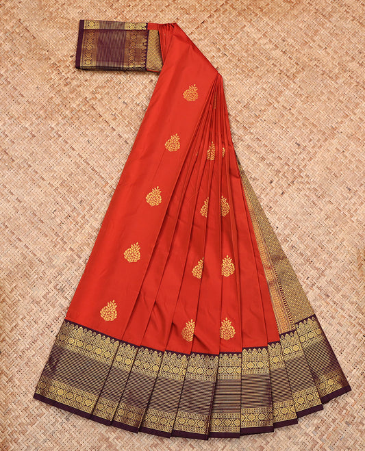 Rust Budget Silk Saree, Detailed with Zari Buttas, Complemented by a Contrast Traditional Zari Border, Grand Pallu, and a Contrast Blouse