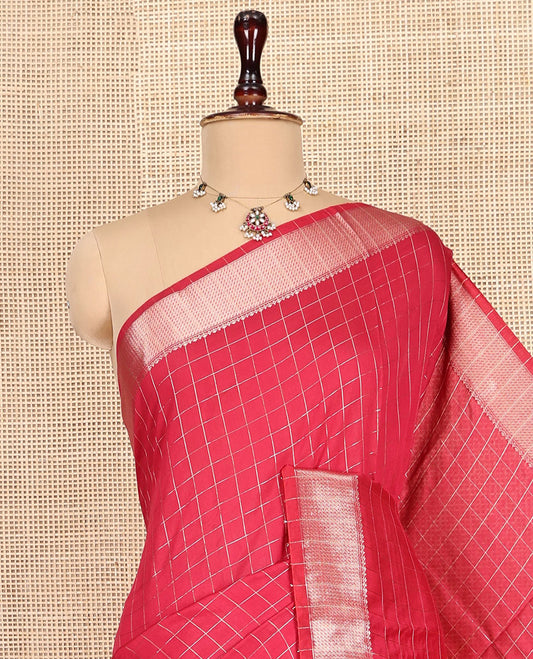Red Checked Assam Silk Saree, Highlighted by a Traditional Zari Border, Zari-Striped Pallu, and a Matching Blouse