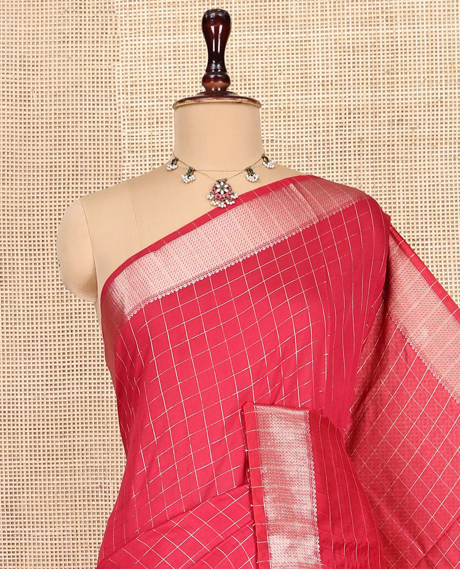 Red Checked Assam Silk Saree, Highlighted by a Traditional Zari Border, Zari-Striped Pallu, and a Matching Blouse