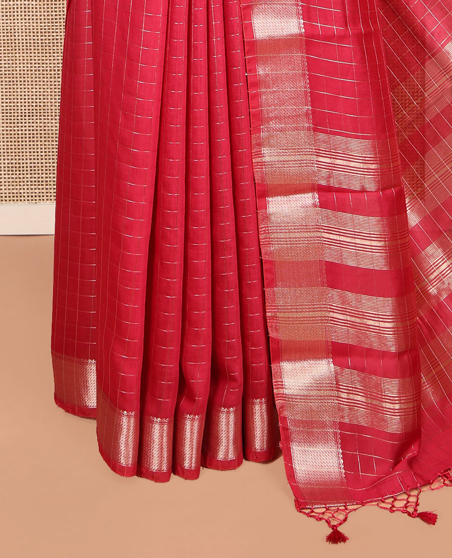 Red Checked Assam Silk Saree, Highlighted by a Traditional Zari Border, Zari-Striped Pallu, and a Matching Blouse
