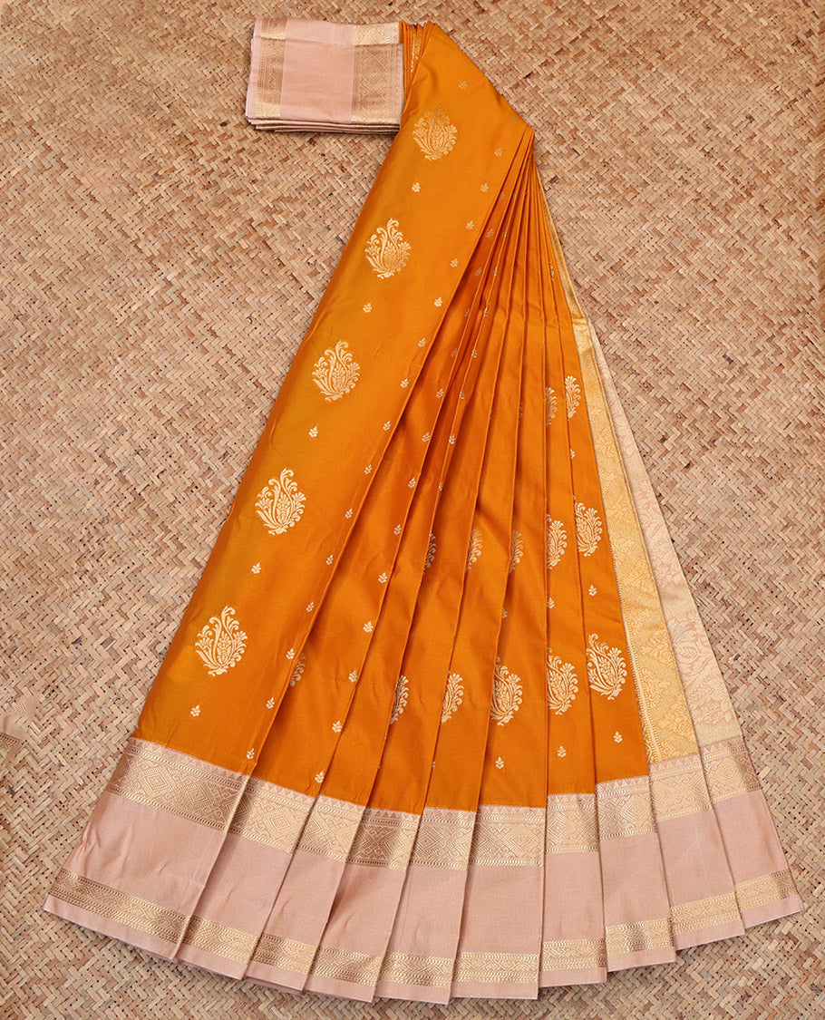 Orange Budget Silk Saree, Detailed with Zari Buttas, Complemented by Contrast Traditional Rettai Pettu Border, Grand Pallu, and a Contrast Blouse