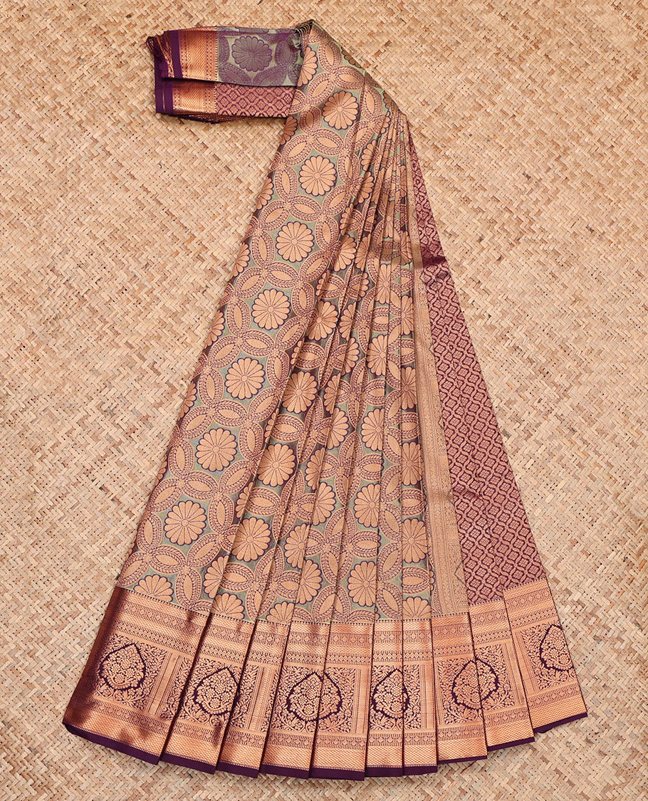 Grey Budget Silk Saree, Woven with Jacquard, Complemented by Contrast Traditional Zari Border, Jaal Pallu, and a Contrast Blouse