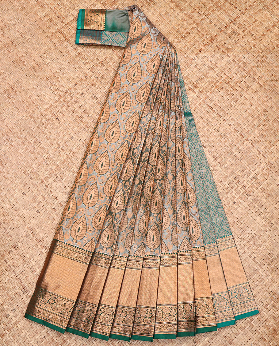 Grey Budget Silk Saree, Elegantly Framed with Jacquard, a Contrast Traditional Zari Border, Jaal Pallu, and a Contrast Blouse