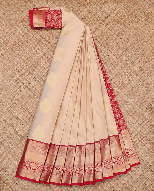 Sandal Budget Silk Saree, Sparsely Woven with Zari Buttas, Complemented by a Contrast Traditional Zari Border, Grand Pallu, and a Contrast Blouse