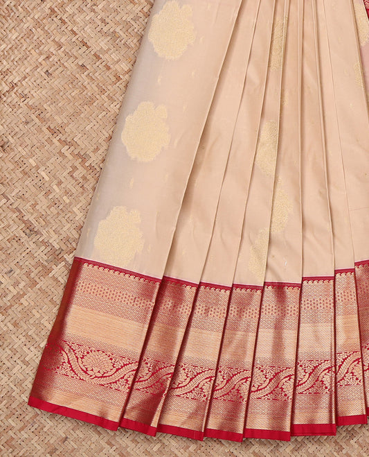 Sandal Budget Silk Saree, Sparsely Woven with Zari Buttas, Complemented by a Contrast Traditional Zari Border, Grand Pallu, and a Contrast Blouse