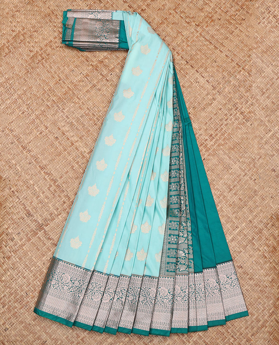 Blue Budget Silk Saree, Sparsely Threaded with Zari Buttas, Complemented by a Contrast Traditional Zari Border, Grand Pallu, and Contrast Blouse