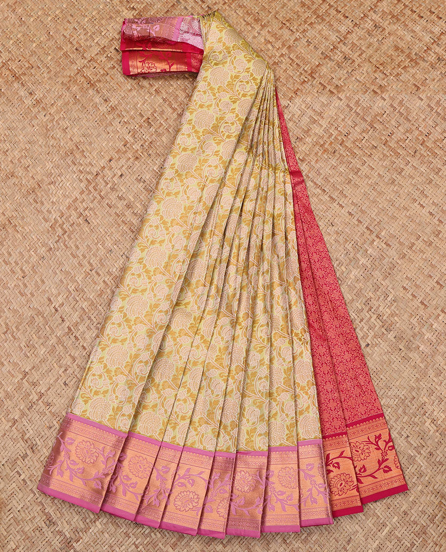 Yellow Budget Silk Saree, Bedecked with a Jacquard Design, Complemented by a Contrast Floral Creeper Zari Border, Jaal Pallu, and Contrast Blouse