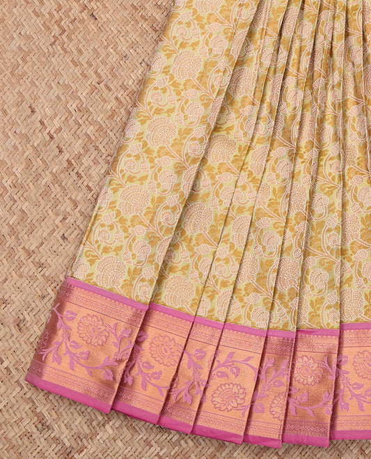Yellow Budget Silk Saree, Bedecked with a Jacquard Design, Complemented by a Contrast Floral Creeper Zari Border, Jaal Pallu, and Contrast Blouse