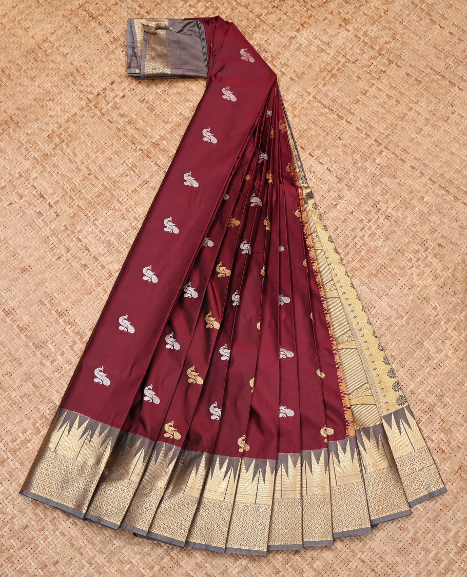 Maroon Budget Silk Saree, Adorned with Peacock Buttas, Complemented by a Contrast Temple Traditional Zari Border, Grand Pallu, and Contrast Blouse