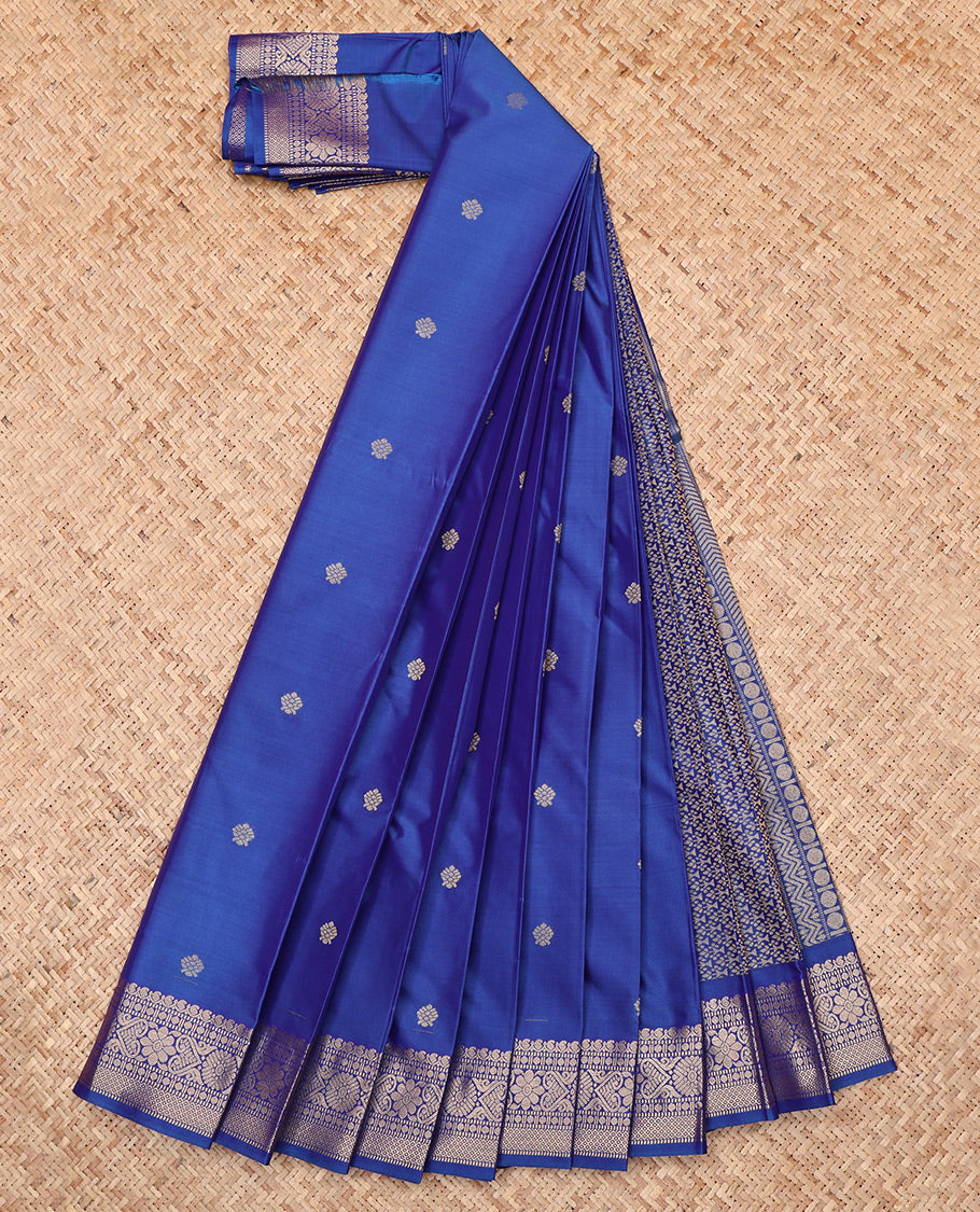 Ink Blue Budget Silk Saree, Spotlighted with Zari Buttas, Highlighted by a Traditional Zari Border, Intricate Pallu, and Matching Blouse