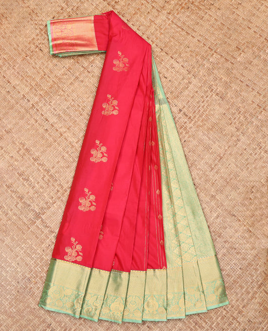 Red Budget Silk Saree Featuring Zari Buttas, Complemented by a Contrast Traditional Zari Border, Grand Pallu, and a Contrast Blouse