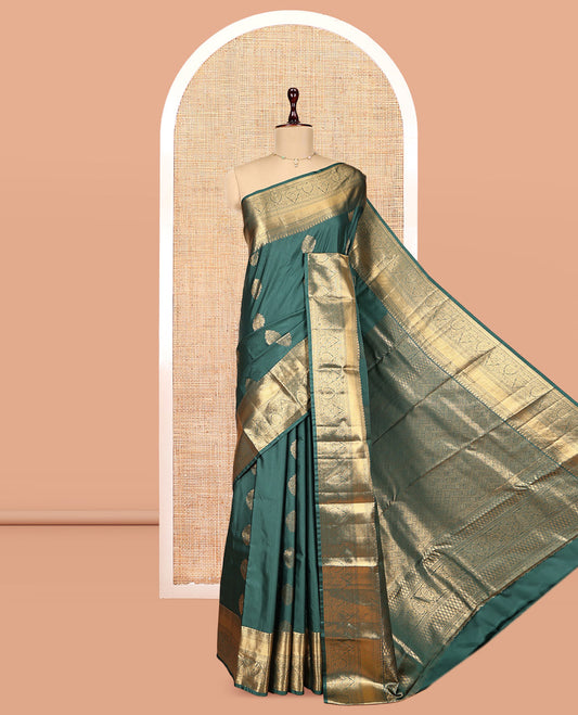 Green Budget Silk Saree, Highlighted by Zari Buttas, Highlighted by a Traditional Zari Border, Grand Pallu, and a Matching Blouse