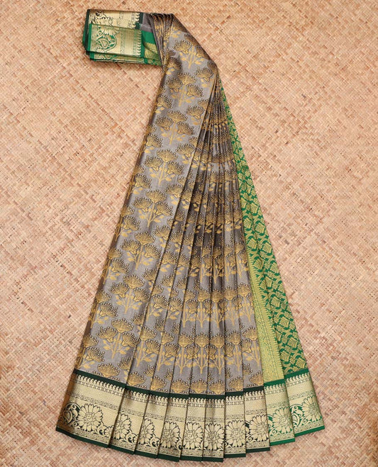 Grey Budget Silk Saree, Spotlighted with Floral Zari Design, Complemented by Contrast Traditional Zari Border, a Jaal Pallu and a Contrast Blouse