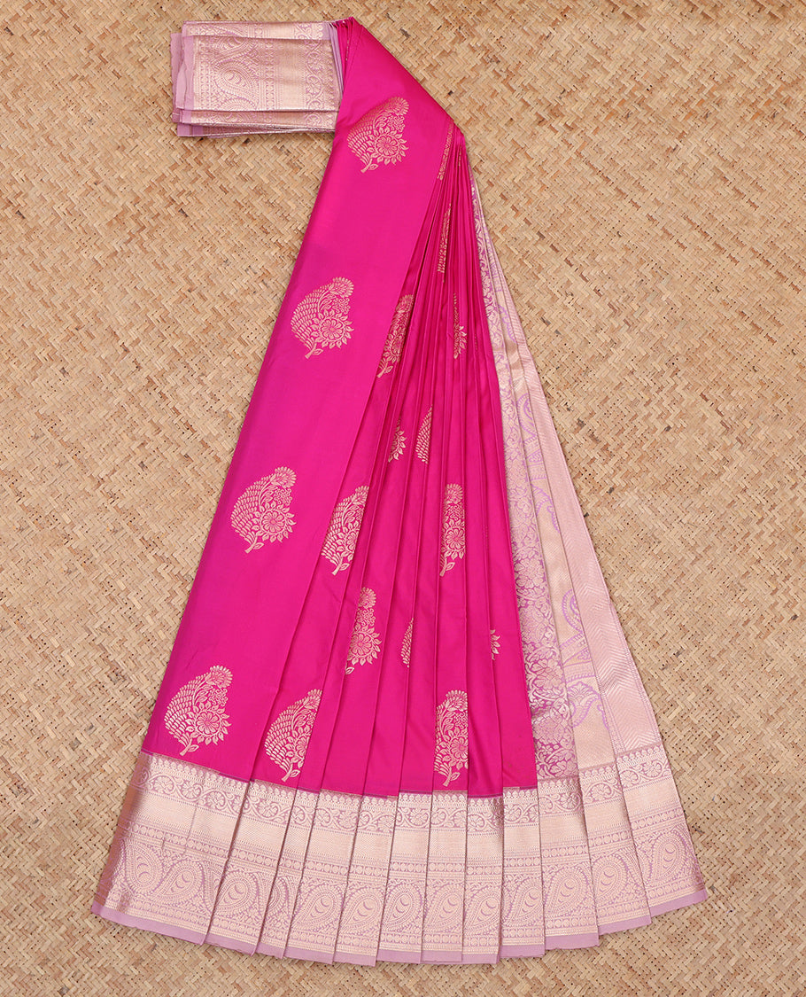 Pink Budget Silk Saree, Graced with Zari Buttas, Complemented by a Contrast Traditional Zari Border, Pallu of Paisleys, and a Contrast Blouse