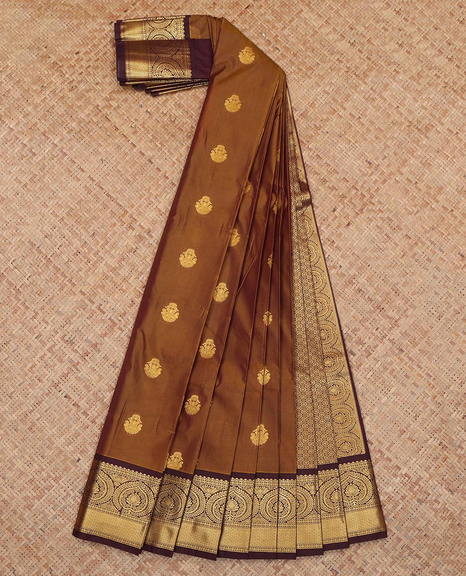 Brown Budget Silk Saree, Elevated with Zari Buttas, a Contrast Traditional Zari Border, a Grand Pallu and a Contrast Blouse