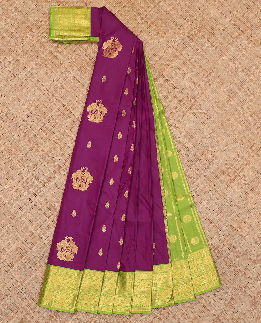 Purple Budget Silk Saree, Enlivened with Zari Buttas, Complemented by Contrast Traditional Zari Border, a Grand Pallu and a Contrast Blouse
