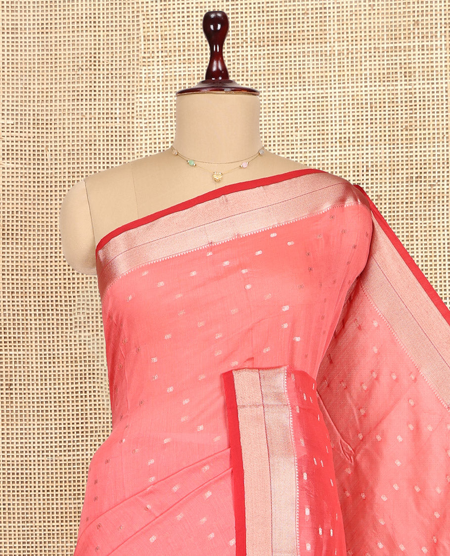 Peach Assam Silk Saree, Elevated with Zari Buttas, Complemented by Contrast Traditional Zari Border,  Zari Woven Pallu, and Contrast Blouse