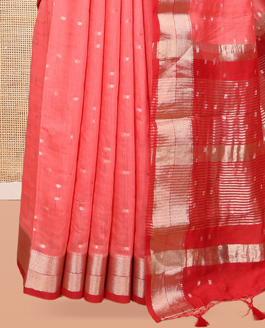 Peach Assam Silk Saree, Elevated with Zari Buttas, Complemented by Contrast Traditional Zari Border,  Zari Woven Pallu, and Contrast Blouse