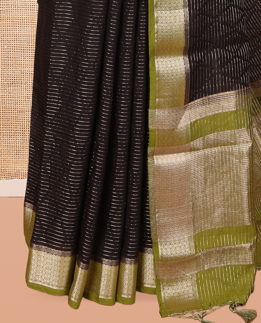 Brown Assam Silk Saree, Decorated with Zari Stripes, Complemented by Contrast Jaal Design Zari Border,  Zari Woven Pallu, and Contrast Blouse
