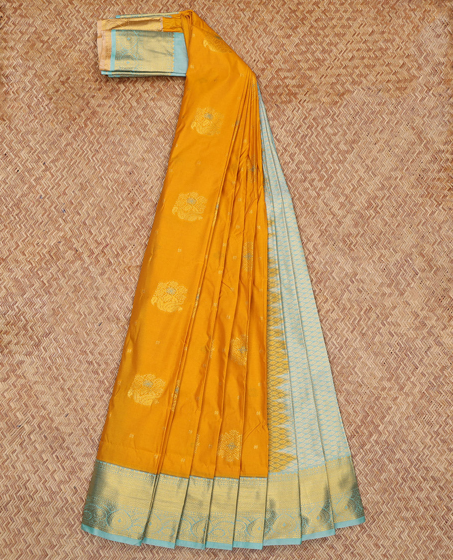 Yellow Budget Silk Saree, Enlivened with Zari Buttas, Complemented by a Contrast Traditional Zari Border, Grand Jaal Pallu, and Contrast Blouse