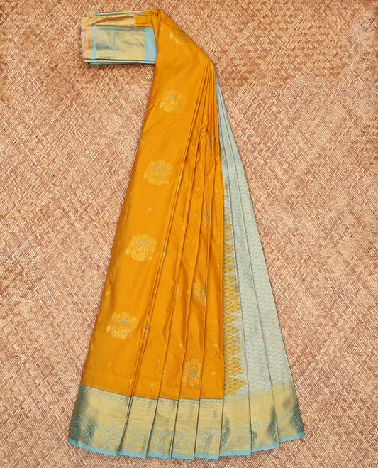 Yellow Budget Silk Saree, Enlivened with Zari Buttas, Complemented by a Contrast Traditional Zari Border, Grand Jaal Pallu, and Contrast Blouse