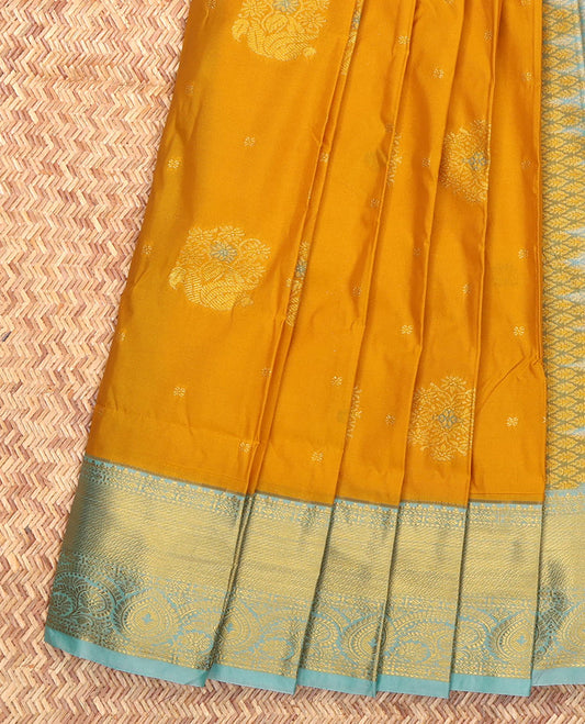 Yellow Budget Silk Saree, Enlivened with Zari Buttas, Complemented by a Contrast Traditional Zari Border, Grand Jaal Pallu, and Contrast Blouse
