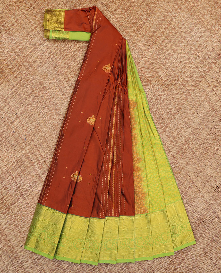 Rust Budget Silk Saree, Enthralled with Zari Buttas and Stripes, a Contrast Traditional Zari Border, Grand Pallu, and a Contrast Blouse