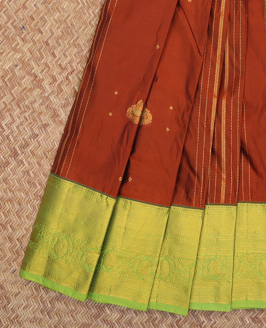 Rust Budget Silk Saree, Enthralled with Zari Buttas and Stripes, a Contrast Traditional Zari Border, Grand Pallu, and a Contrast Blouse