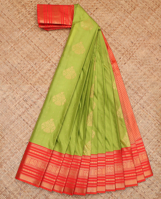 Green Budget Silk Saree, Embellished with Zari Buttas, a Contrast Traditional Zari Border, Grand Pallu, and a Contrast Blouse