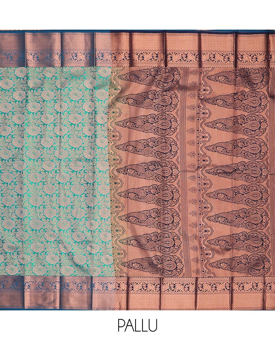 Blue floral jaal jacquard gift saree, contrast zari border, and ogee patterned pallu