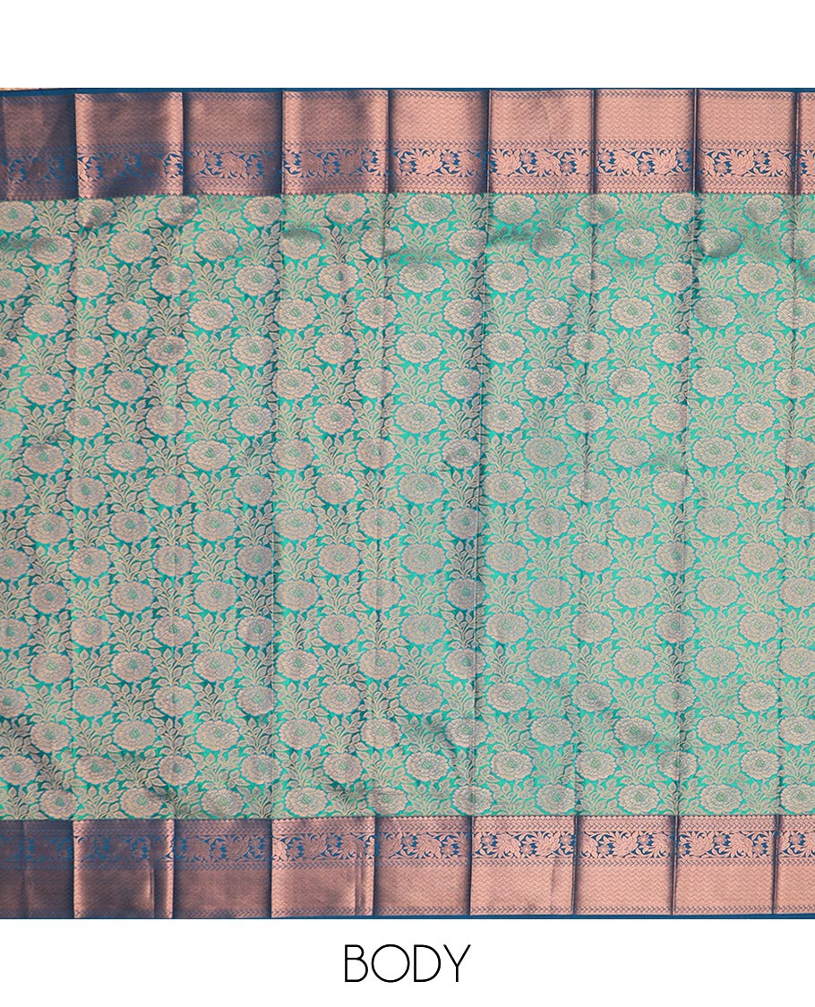 Blue floral jaal jacquard gift saree, contrast zari border, and ogee patterned pallu