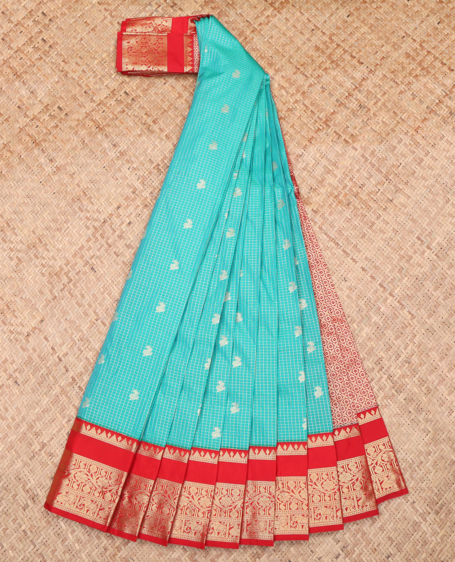 Blue Contrast Zari Butta and Checks Budget Silk Saree