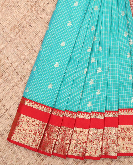 Blue Contrast Zari Butta and Checks Budget Silk Saree
