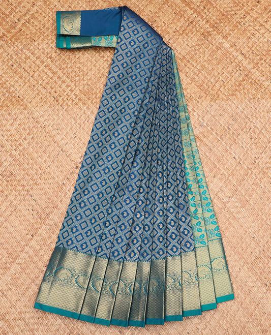 Blue jaal jacquard gift saree, contrast traditional zari design border, and pallu of floral designs