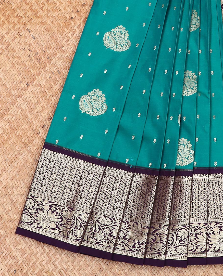 Blue zari buttas gift saree, contrast traditional zari motifs border, and paisley design pallu