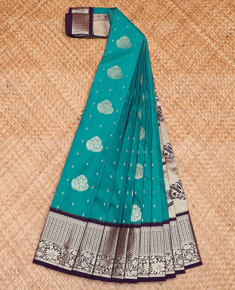 Blue zari buttas gift saree, contrast traditional zari motifs border, and paisley design pallu