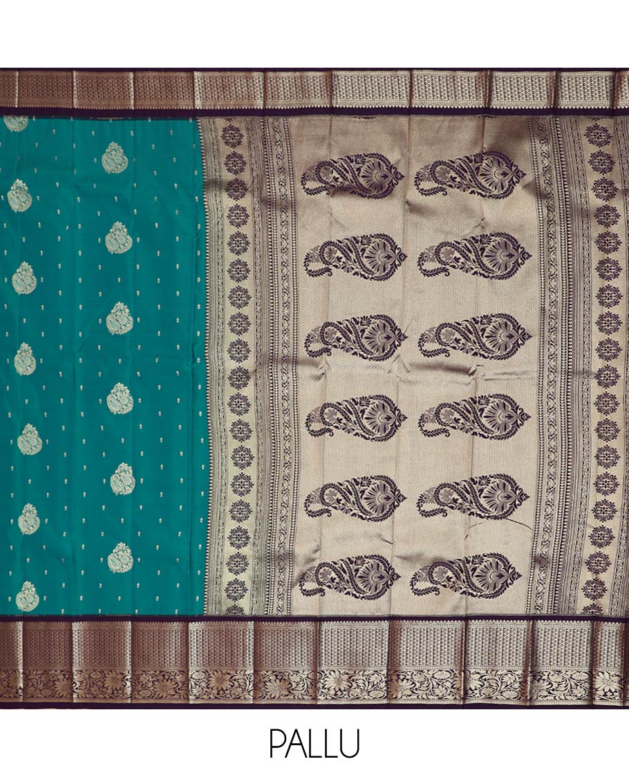 Blue zari buttas gift saree, contrast traditional zari motifs border, and paisley design pallu