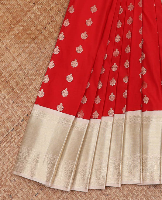 Red zari buttas gift saree, contrast traditional zari border, and jaal pallu